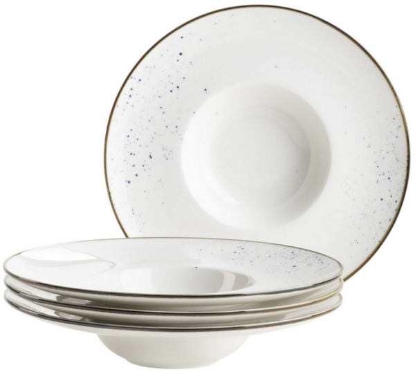 MÄSER Serie Pintar, hochwertiges Gourmetteller-Set, 4-teilig mit Ø 26 cm, breiter Tellerrand, mit heller Glasur, visuellen blauen Sprenkeln und feinem Rand im Vintage Look, Porzellan