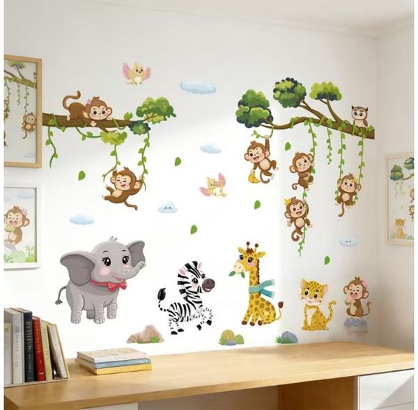 Montegoni Wandsticker Dschungel Tiere Wandsticker Set Kinderzimmer Junge Wandtattoo (Mehrteiliges Wandsticker Set, 4pcs 2D Flat Wandsticker), Selbstklebend, Ablösbar, Glänzend, Mehrteilig, Dekorativ