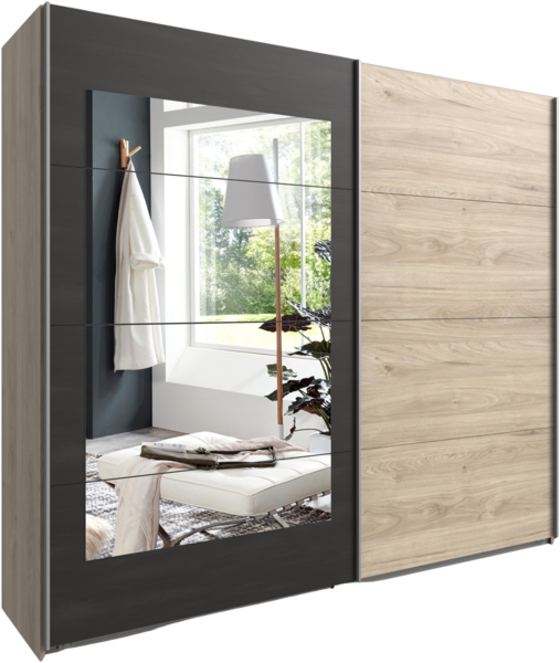 Schwebetürenschrank 2-türig 225cm Spiegel Kleiderstangen Einlegeböden Eiche Grau