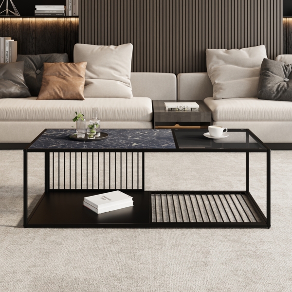 Couchtisch 110x48x35 cm Eisen Glas Schwarz Marmorfarben Modern Beistelltisch Ablage Wohnzimmer Tisch Bild 2