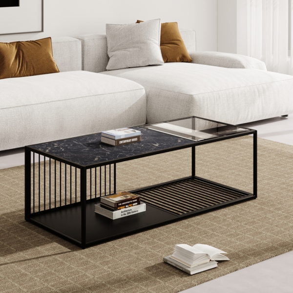 Couchtisch 110x48x35 cm Eisen Glas Schwarz Marmorfarben Modern Beistelltisch Ablage Wohnzimmer Tisch Bild 5