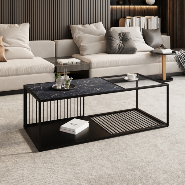 Couchtisch 110x48x35 cm Eisen Glas Schwarz Marmorfarben Modern Beistelltisch Ablage Wohnzimmer Tisch Bild 4