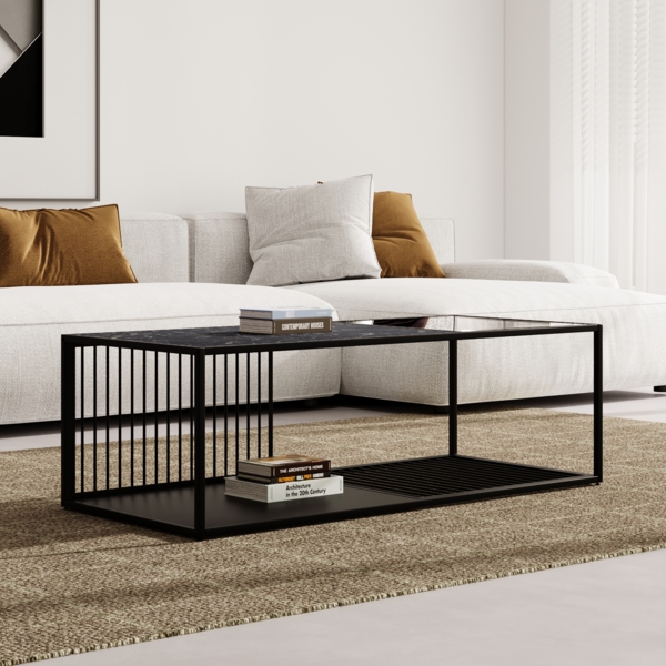 Couchtisch 110x48x35 cm Eisen Glas Schwarz Marmorfarben Modern Beistelltisch Ablage Wohnzimmer Tisch Bild 7