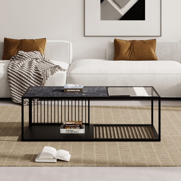 Couchtisch 110x48x35 cm Eisen Glas Schwarz Marmorfarben Modern Beistelltisch Ablage Wohnzimmer Tisch Bild 6