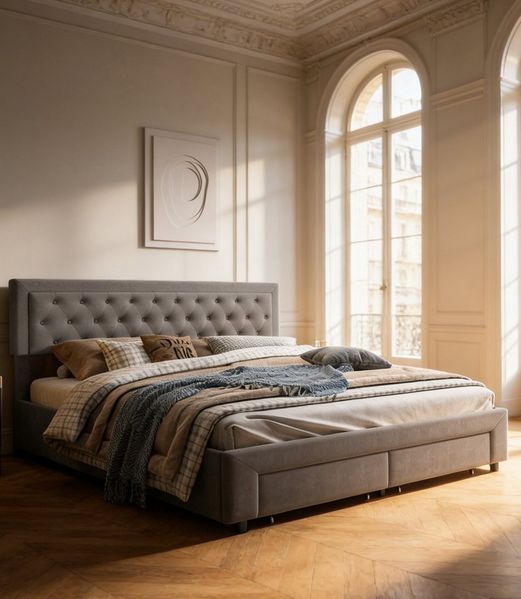 Simurq Stauraumbett Polsterbett 180x200 cm mit Stauraum (1-tlg, Mit 2 Schubladen, Hydraulisch bettkaten), Jugendbett mit Komforthöhe Lattenrost, Leises Design Bett
