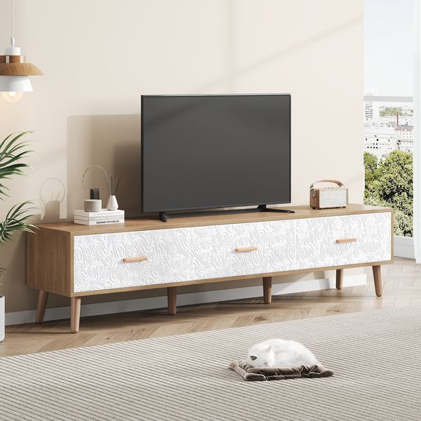 TV-Schrank Retro Weiß mit hellen Holzoberflächen, 150 x 39 x 35 cm, mit 3 große Schubladen, Massivholzbeine, Kippsicherung