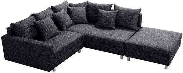 Wohnlandschaft Sofa Couch Ecksofa Eckcouch Gewebestoff schwarz + Hocker Minsk R Bild 3