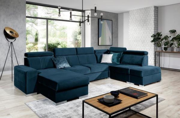 Wohnlandschaft Schlafsofa NOLAN inkl. USB in Stoff Element Blau Ottomane Links