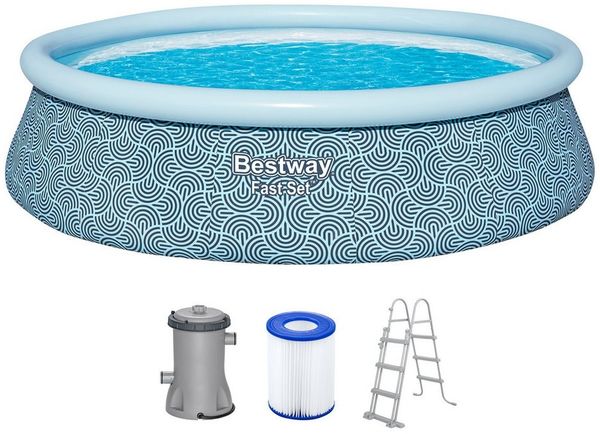 Bestway 57372 Fast Set Aufstellpool Set mit Filterpumpe Ø 457 x 107 cm, Grafisches Liniendesign, rund