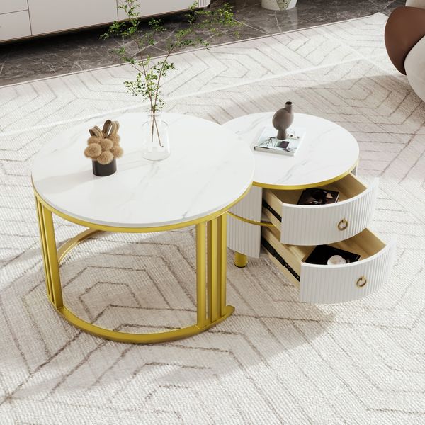 Couchtisch-Set, MDF mit 2 Schubladen & Hochglanzplatte, 70x70x46 + 50x50x40 cm, Weiß/Gold