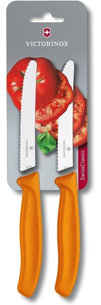 Victorinox Swiss Classic 2er Set Gemüsemesser mit Wellenschliff, 11 cm Klinge, Klingenschutz, Spülmaschinengeeignet, orange