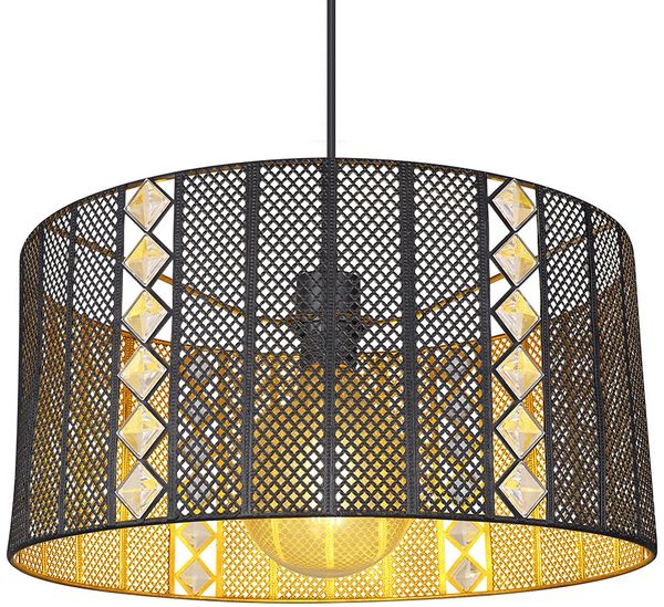 Hängeleuchte, Gitter-Design, gold, schwarz matt, H 120 cm