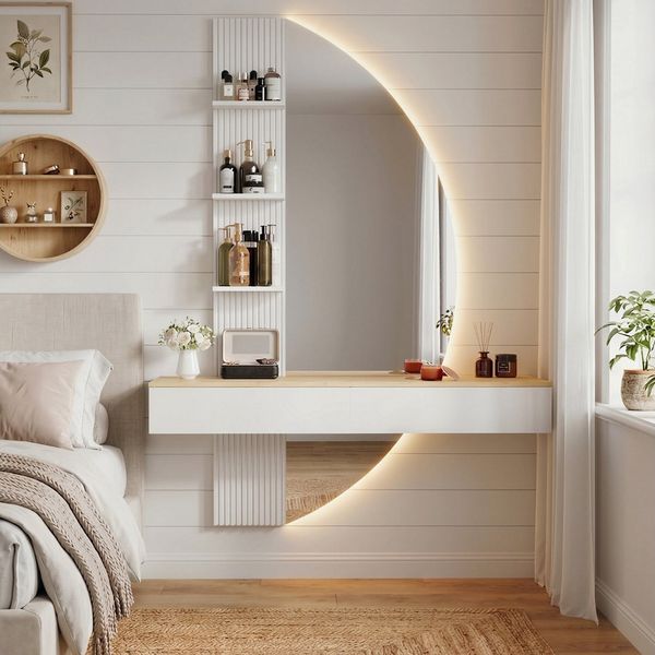 HOMALL Schminktisch Hängender Schminktisch mit LED-Beleuchtung (Maße: 106 × 40 × 143 cm, mit 3 offenen Ablagefächern, 2 Schubladen und drei einstellbaren Farbtemperaturen)