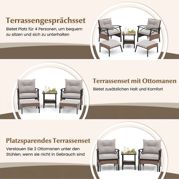 COSTWAY Gartenlounge-Set, (5-tlg), Balkonset mit Beistelltisch, Ottomanen, Kissen