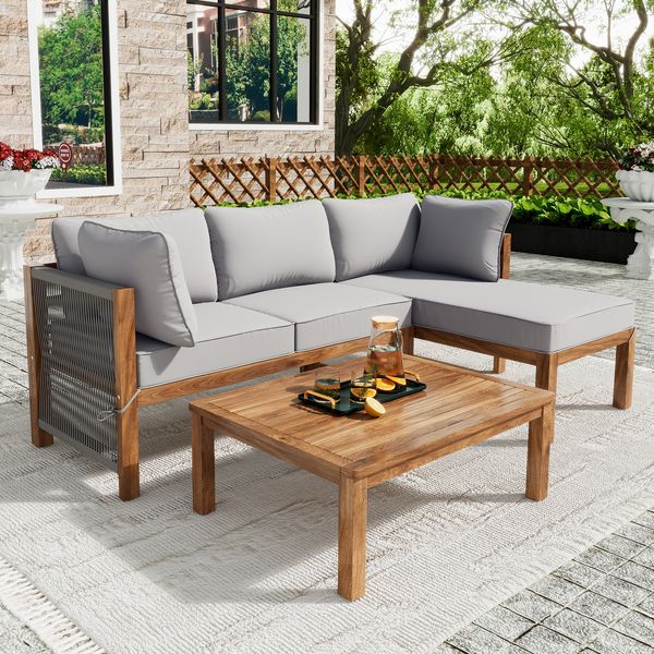 Garten-Loungestuhl-Set (3-teilig), Akazienrahmen, graue Seilarmlehnen, L-förmiges Gartenmöbel-Set mit verstellbaren Beinen, 2 Zweisitzer und 1 Tisch