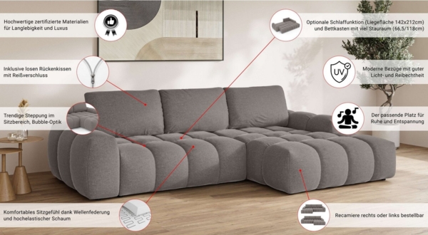 OTTO home Ecksofa AZITA klein optionale Schlafsofa mit Bettkasten, B/T/H: 270/166,5/84cm, L-Form mit Wellenunterfederung, Bubble-Optik Bild 2