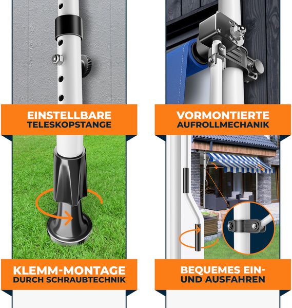KESSER® Klemmmarkise mit Handkurbel Balkon, Balkonmarkise ohne Bohren, UV-beständig höhenverstellbar wasserabweisend , Sonnenschutz, Terrassenüberdachung , einfache Montage 300cm, Blau-Weiß Bild 3