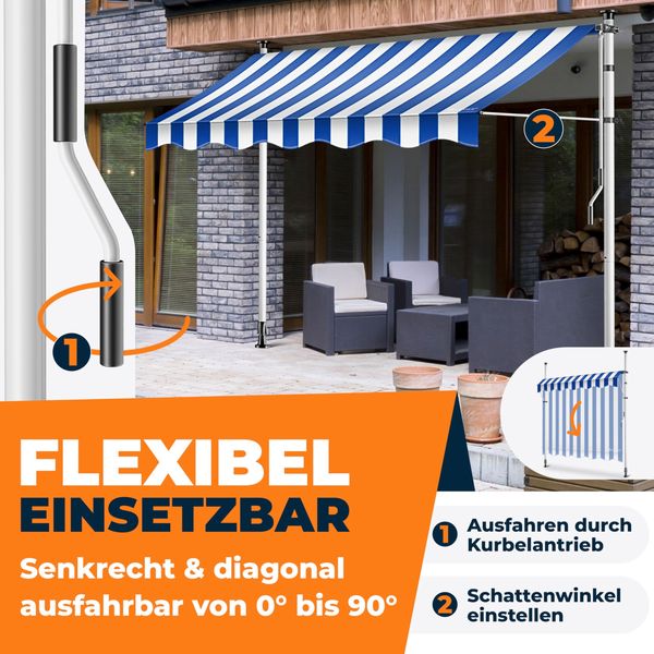 KESSER® Klemmmarkise mit Handkurbel Balkon, Balkonmarkise ohne Bohren, UV-beständig höhenverstellbar wasserabweisend , Sonnenschutz, Terrassenüberdachung , einfache Montage 300cm, Blau-Weiß Bild 2