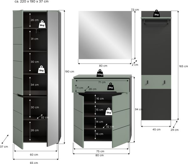 Garderobenkombination (B/H/T: 220x190x37 cm) in Smoke Green Nachbildung Bild 4