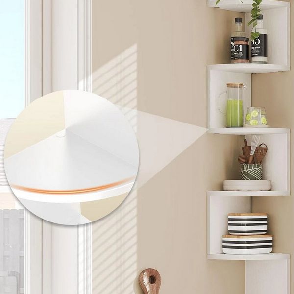 Holz Lichter Wandregal 5-stufiges Eckregal Wandregal Weiß – platzsparendes Bücherregal, langlebig, pflegeleicht, Platzsparendes 5-stufiges Wand-Eckregal im modernen Design