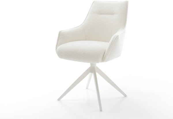 Drehstuhl Alja-Flex mit Armlehnen Bouclé Soft Beige Kreuzgestell breit Weiß 360° drehbar Wippfunktion Taschenfederkern
