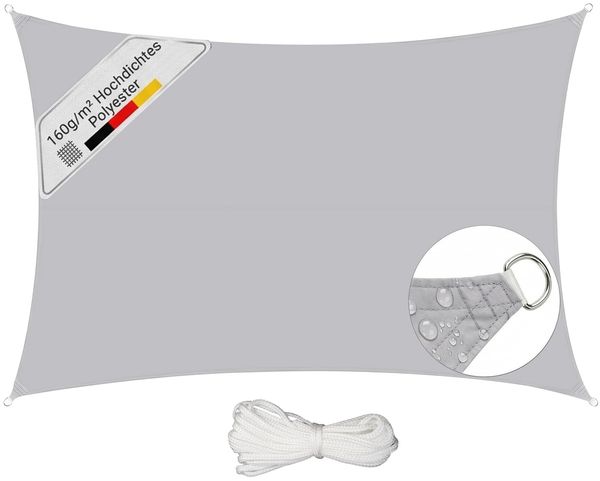 Sunula Sonnensegel Wasserdicht 3x5 m Rechteckig – hochdichtes PES 160g/m², mit umlaufendem Gurtband & Edelstahl-Ringen, Nahtversiegelung & bis zu 95% UV-Schutz, für Balkon Terrasse Garten, Hellgrau