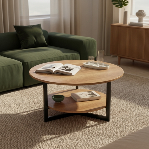 skølm 'Drakkar' Couchtisch rund, Massivholz Eiche, natur geölt, Wohnzimmertisch Ø70 cm mit Metallgestell, Beistelltisch für Wohnzimmer mit Ablage