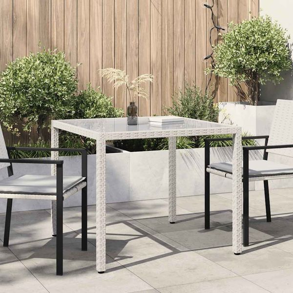 Gartentisch, Balkontisch, Esstisch 90 x 90 x 75 cm Gehärtetes Glas Poly Rattan Weiß