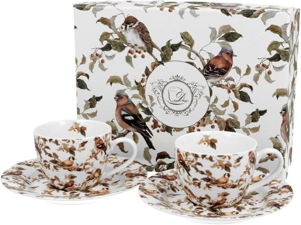 Duo-Gift Espressotasse Set mit Untertassen, Sommer, Frühling, Herbst, Winter, Tasse Motiv, 4-tlg, Porzellan, 2 Espressotassen ca. 90 ml mit Untertassen Birdies, Vogel, Vögel, Tieren, Planzen Kollektion, Duo Geschenke, Mug, Kollektion, Ideal als Geschenk