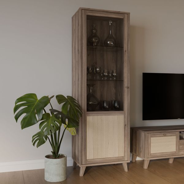 Forte GLENKEEN Vitrine 100, Vitrine im Boho-Stil mit Rattangeflecht, 1-türig, Holzwerkstoff, Valencia Eiche Holzdekor | Naturrattan, 64,8 cm breit x 199,2 cm hoch x 42 cm tief