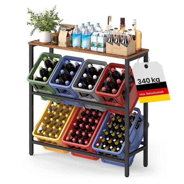 SONGMICS Getränkekistenregal, 2 Ebenen, für 6 Kisten, Aufbewahrungsregal, Jede Ebene bis 150 kg belastbar, Stahl, Getränkeregal, für Küche, Wohnzimmer, Garage, vintagebraun-tintenschwarz