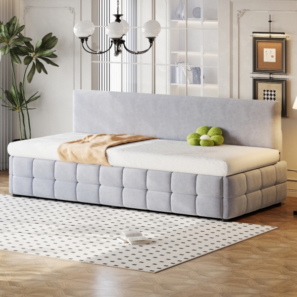 Polsterbett 90x200 cm – modernes Schlafsofa mit hydraulischem Stauraum und klassischem Karomuster