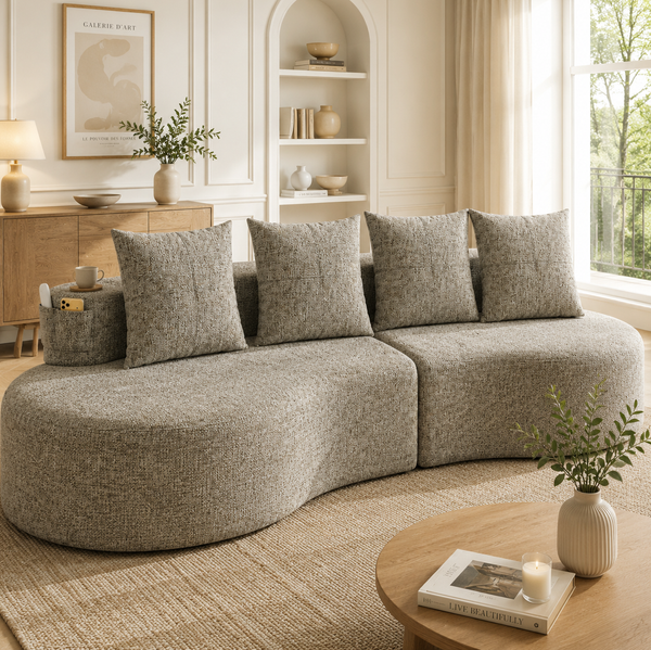 Sofa 240 x 109 x 60 cm mit 4 Kissen, Becherhalter und Seitentaschen – Leinenstoff in Khaki
