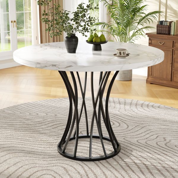 Runder Esstisch 80x76 cm, Marmoroptik, schwarze Beine, leichter Luxus