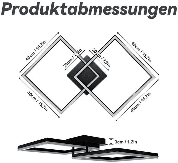 FIVMEN Deckenleuchte LED Deckenlampe Licht Lampen Badezimmer Wohnzimmerlampe Quadrat, 60W, Für Wohnzimmer Schlafzimmer Büro Arbeitszimmer und Esszimmer