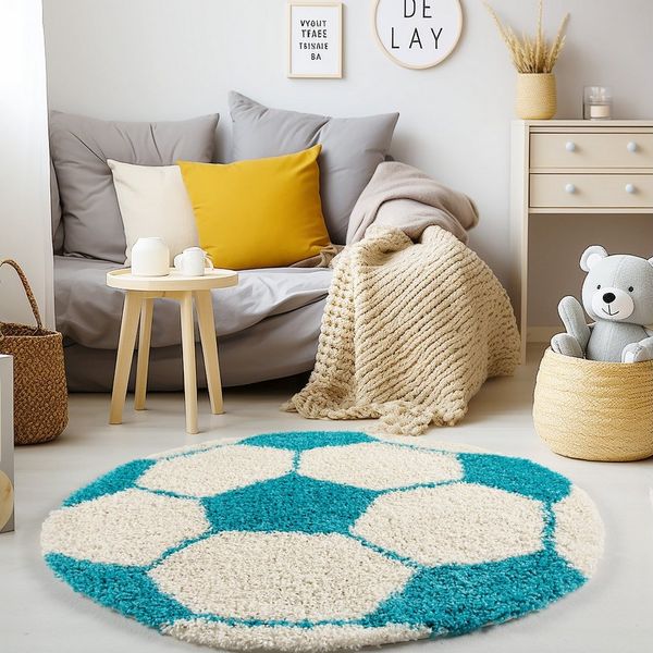 KADIMA DESIGN Kinderteppich MATREI Shaggy Langflor Spielteppich Kinderzimmer Waschbar Fußball, Rund, Höhe: 32 mm, Türkis, 100x100 cm, Strapazierfähig Waschbar