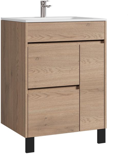 Badplaats Badmöbel Set mit Waschbecken und Unterschrank Salzburg 60 x 47 cm Kastanien Eiche - Stehende Waschbeckenunterschrank mit Soft-Close und Waschbecken, Vormontiert
