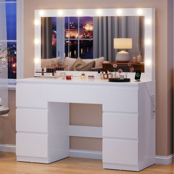 HOMALL Schminktisch Großer Schminktisch, Maße 115/120 x 40 x 140 cm, mit Schmuckschrank (LED-Beleuchtung und Steckdosen, 105 cm großer Spiegel, mit 7 Schubladen, optional mit Hocker – ostern geschenke)