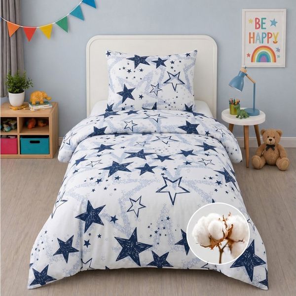 Buymax Kinderbettwäsche Etoiles Kids Stars, Renforce: 100% Baumwolle, 2 teilig, 135x200 cm, 100% Baumwolle, Reißverschluss, Sterne