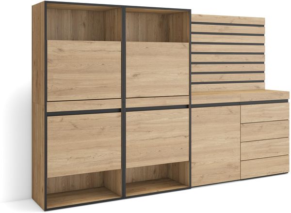 Skraut Home | Schuhregal, Schuhschrank | Schuhaufbewahrung | 227 x 145 x 35 cm | Für Schlafzimmer, Zimmer | Kommode mit Schubladen | Lamellenwand Holz | Moderner Stil | Eiche
