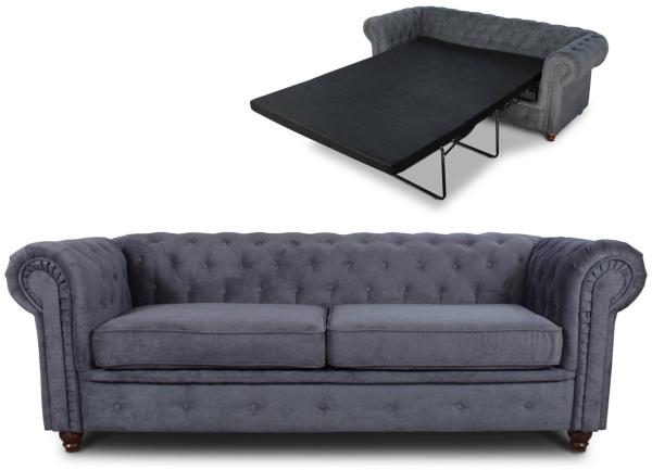 Schlafsofa Chesterfield Asti Bis 3-Sitzer, Sofa mit Schlaffunktion, Couch 3-er, Couchgarnitur, Sofagarnitur, Holzfüße - Glamour Design (Graphit (Capri 16))