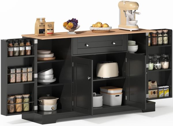 SeedWave Anrichte Modern Küchenbuffet Mehrzweckschrank Beistellschrank mit Viel Stauraum, Türregale mit Schutzgeländern, Wandhalterung für Anti-Kipp Funktion