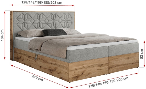 Boxspringbett mit Kopfteil und Topper, Polsterbett - NESSI - 200 x 200 cm - Hellgrau Stoff - H3 - Topper Visco Bild 5