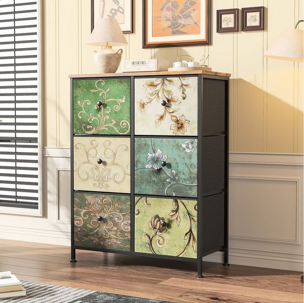 FUROKOY Kommode Vintage Stoffkommode Sideboard mit klappbaren Stoffschubladen (Mehrzweckschrank Aufbewahrungsschrank Holzoptik, Retro-schubladenschrank für Arbeitszimmer Flur Wohnzimmer Schlafzimmer), 6 Stoffschubladen