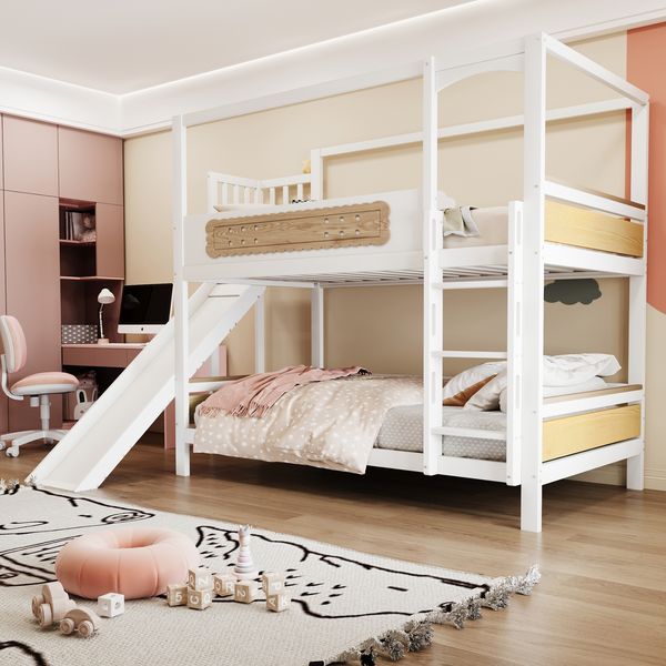 Etagenbett Kinderbett 90*200 cm Mit hausförmigem Bettrahmen, keksförmigen Schutzgittern, Rutsche und extrabreiter Sicherheitsleiter, Holzfarbe