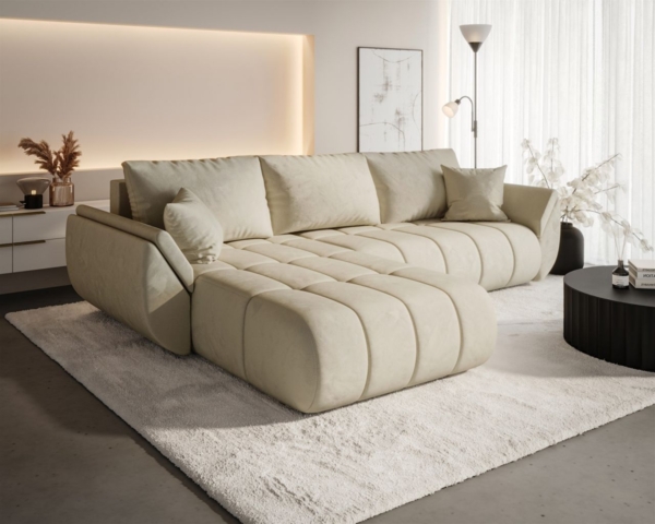Ecksofa Schlafsofa MISATO Stoff Monolith Creme Ottomane Links Bild 4