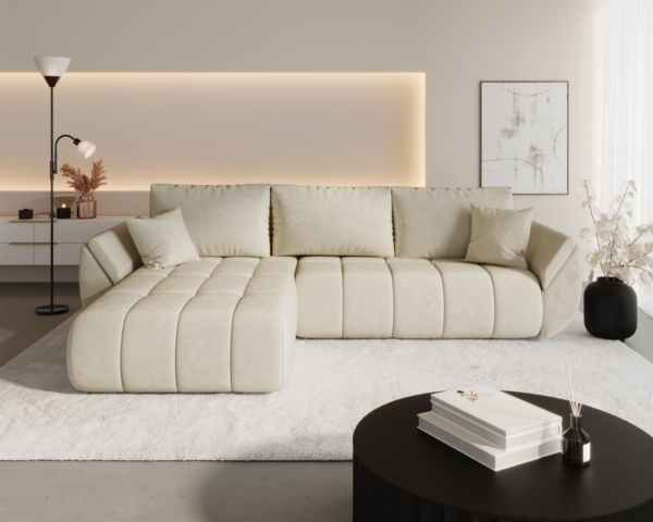 Ecksofa Schlafsofa MISATO Stoff Monolith Creme Ottomane Links Bild 1