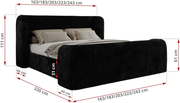 Polsterbett mit Lattenrost, Doppelbett für Schlafzimmer, Gepolstertes Kopfteil, Multipocket matratze, Härtegrad H3/H4 - EMORA CLASSIC DUO - 200 x 200 cm - Schwarz Cord - ELORI - LUX Bild 4