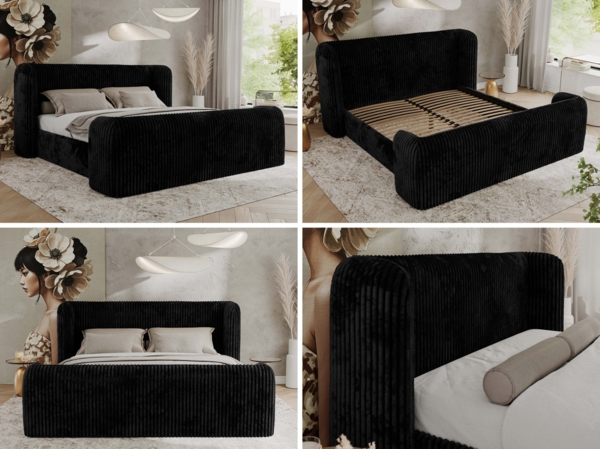 Polsterbett mit Lattenrost, Doppelbett für Schlafzimmer, Gepolstertes Kopfteil, Multipocket matratze, Härtegrad H3/H4 - EMORA CLASSIC DUO - 200 x 200 cm - Schwarz Cord - ELORI - LUX Bild 2