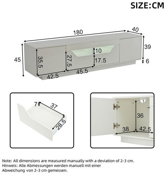 Merax Lowboard hochglanz Fernsehschrank mit LED-Beleuchtung (Für Fernseher bis 75 Zoll, 1 St, Push-to-Open-Funktion), TV-Schrank mit 2 Schubladen,2 Schränken & offenen Regalen,180x40x45cm Bild 4